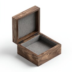 A dark-wood, square hinged box with a grey felt interior, slightly ajar, showing an empty compartment.  The box casts a subtle shadow on a white background