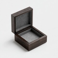 A dark-wood, square trinket box with a hinged lid, lined with soft grey felt.  The box is shown slightly ajar, revealing the interior