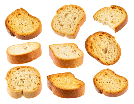 Multiple slices of toasted bread,  showing varying degrees of toasting and textures, arranged against a black background