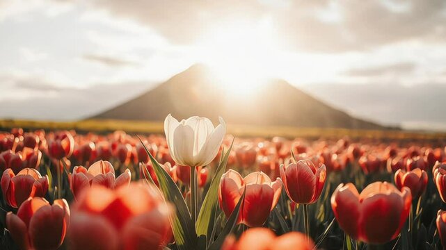 Vibrant tulip field featuring a single white bloom at sunrise