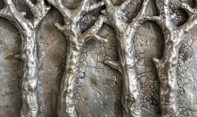 Silver metallic trees on cracked surface texture design background