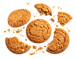 Crumbled oatmeal cookies, scattered pieces, golden brown, textured surface, sweet treat
