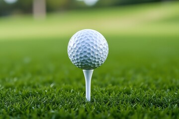 Golf Ball on Tee A Close Up Shot of a White Golf Ball Resting on a Tee in Lush Green Grass Outdoors
