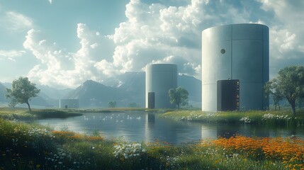 Fototapeta premium Futuristic structures beside a calm lake, surrounded by a tranquil mountain landscape. Peaceful and serene atmosphere.