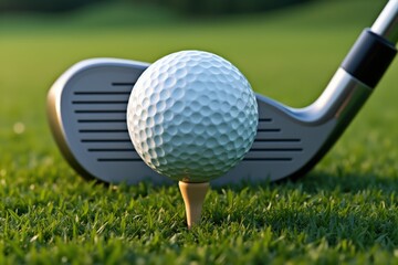 Golf Club and Ball A Golf Club Positioned Behind a Golf Ball on a Tee Ready for a Powerful Swing