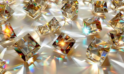 Sparkling crystal gems displaying light refraction patterns on surface