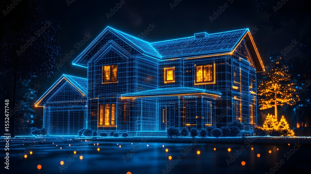 Poster a stunning 3d render of a futuristic smart home at night, glowing with digital lines and warm lights