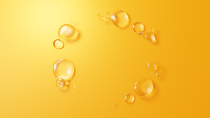3D Illustration.Background image of multiple water droplets on yellow background. (Horizontal)