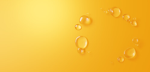 3D Illustration.Background image of multiple water droplets on yellow background. Copy space. (Horizontal)