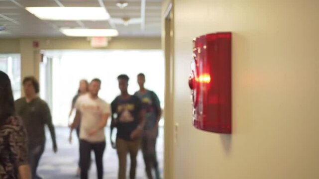 Group Of People Walking In Modern Hallway With Red Fire Safety Box