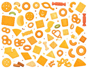 A vibrant collection of assorted crackers, pretzels, and snacks in various shapes and sizes
