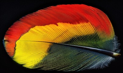 Striking macro shot of a single colorful bird feather on black background