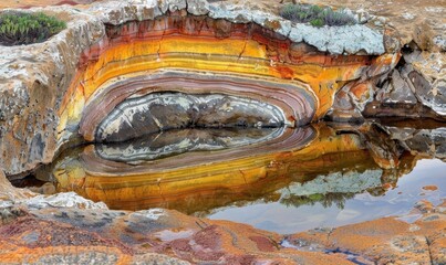 Striking rock formation with colorful geological layers and water reflection