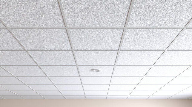 White ceiling tile with grid and textured surface, creating clean and bright atmosphere in room