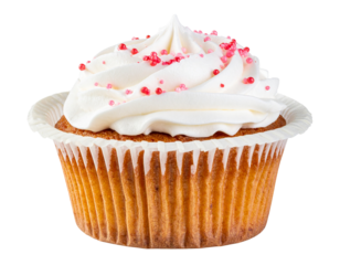 A single vanilla cupcake, topped with swirls of creamy frosting and pink sprinkles