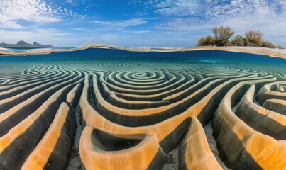Striking water patterns shaping sand formations under clear water