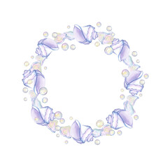 Watercolor round frame made of various seashells, conch, starfish, pearl, oceanic decor. Hand drawn illustration isolated. Template with a marine theme. Empty space for insertion. Copy space in center