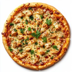 Delicious chicken pizza topped with melted cheese and fresh parsley isolated on white background