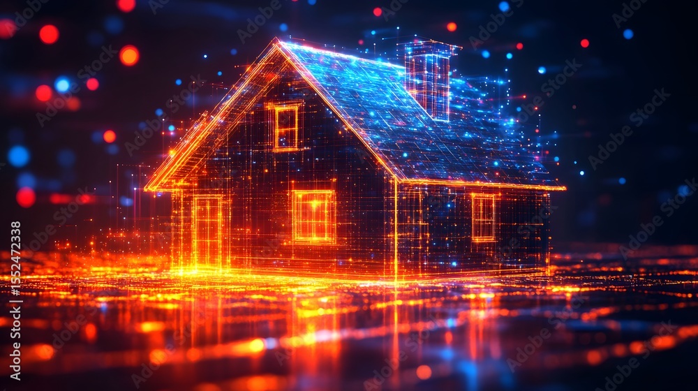Poster A digital rendering of a house, glowing with futuristic technology. Represents smart home concepts