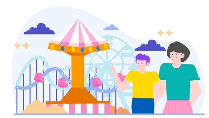 Children enjoying a swing ride at a funfair. Perfect for promoting family entertainment, amusement parks, and outdoor activities for kids.