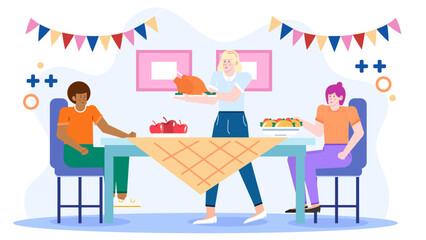 Friends enjoy Thanksgiving meal at festive table. Suitable for holiday invitations, blog posts, social media content, and greeting cards.