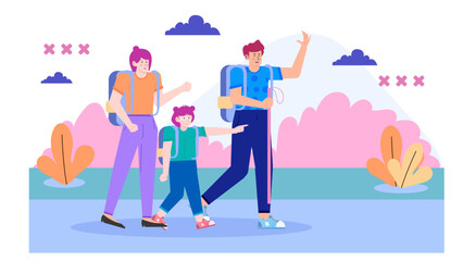 Happy family hikes outdoors carrying backpacks enjoying nature. Suitable for outdoor adventure, family bonding, hiking, nature appreciation, and recreation promotions.