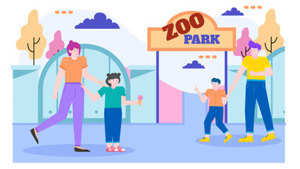 Two families with kids delighted explore the zoo park together, ideal for promoting family outings, vacations, recreational activities marketing.