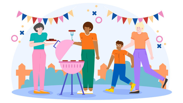 Family gathering, backyard barbecue, friends, festive flags, outdoor celebration, social event, relaxation, sharing meals, enjoying company, summertime happiness. Suitable for summer themed ads.