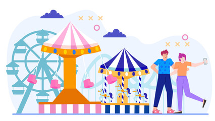 Capture precious memories at an amusement park with selfie taking couple. Suitable for social media, travel blogs, relationship themes, and advertising.
