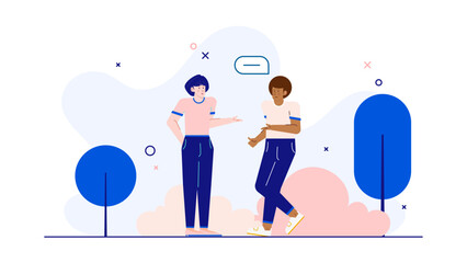 Two people conversing outdoors near stylized trees, suitable for communication themed designs, relationship illustrations, nature inspired concepts, and creative projects.
