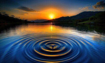 Tranquil lake with sun setting behind mountains and ripples on water