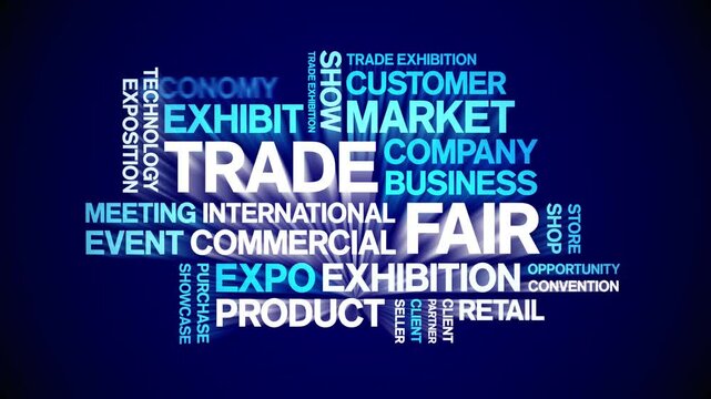 Trade Fair animated word cloud;text design animation tag kinetic typography seamless loop.