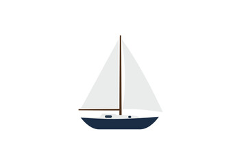 A sailboat with white sails and a dark blue hull sits against a plain white background