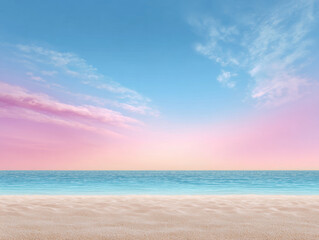 Soft pastel sky blue sky pink clouds calm ocean white sand beach horizon line serene landscape tranquil scene peaceful nature summer day coastal