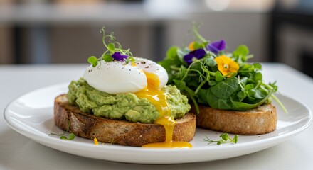 Indulge in the vibrant flavors of this gourmet avocado toast topped with a perfectly poached egg and edible flowers, a delightful brunch masterpiece.