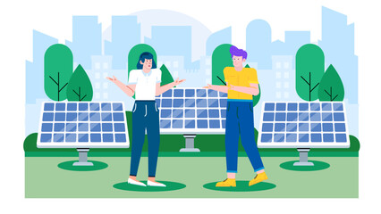 Two people discussing solar panels in city park; ideal for environmental blogs, sustainability articles, urban development websites, green energy concepts.