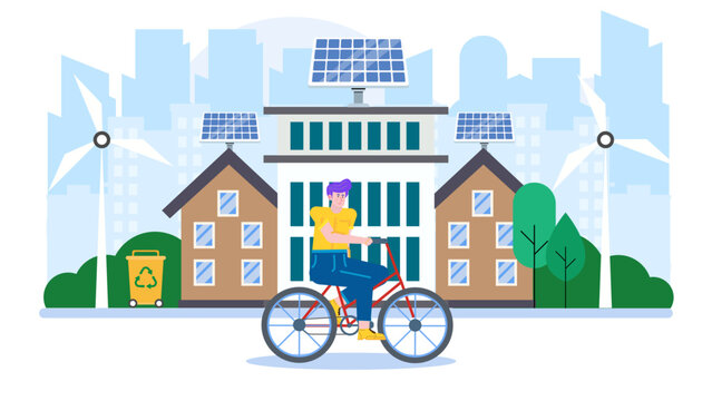 Person bicycles past sustainable houses and wind turbines. Perfect for ecofriendly lifestyle blogs, renewable energy articles, and green transportation websites.