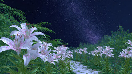 Obraz premium White lily flowers bloom along stone path under clear starry night sky, surrounded by lush green foliage creating peaceful garden scene