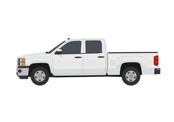 A white fourdoor pickup truck with a black bedliner and dark tinted windows stands out against a white background