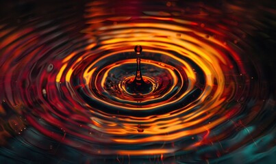 Water droplet impact with vibrant ripples in red and orange liquid