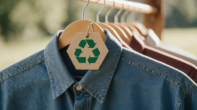 Sustainable fashion with recycled clothes hanging on rack outdoors