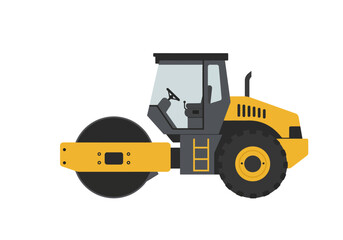 A yellow and gray construction vehicle a road roller is displayed on a white background