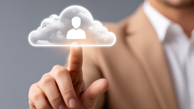 Businessman in suit touching the cloud, a symbol of cloud computing, data storage, and network solutions in the digital age. - Powered by Adobe