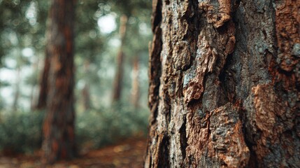 Fototapeta premium Close-up of tree bark in a misty forest showcasing texture and natural beauty at dawn