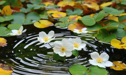White water flowers floating among lily pads and leaves on pond surface