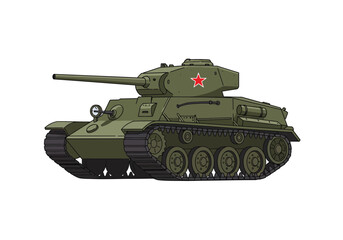 An olive drab Soviet T34 tank with a red star on its turret stands on a white background