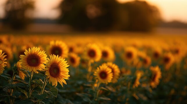 A Vibrant Sunflower Field During A Golden Sunset - Powered by Adobe