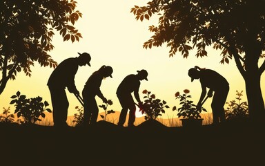 Silhouettes of people planting in a garden at sunset.