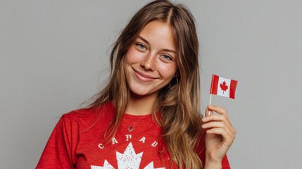 Happy canada day banner closeup shoot of a girl wearing canada shirt on a grey background -