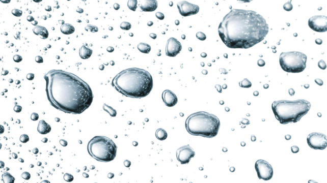 Vibrant water drops and clear bubbles create an abstract blue texture on a wet glass surface, perfect for backgrounds